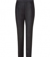 Elegant pants cut from charcoal gray wool-cashmere blend - Features Jil Sander simplicity with slim, straight legs and collar - Pleats and a hint of Spandex flatter the figure - Side zip closure and side pockets - Pair with a blouse and matching blazer or with a thin cashmere sweater