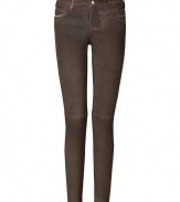 As edgy as they are versatile, Vanessa Brunos espresso leather skinnies are a must for contemporary-cool looks - Classic five-pocket style, button closure, belt loops, seamed knees, slight distressed look - Team with casual knits and kick-around boots for that rocker-chic finish