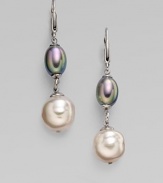 A stunning, sterling silver drop design of iridescent baroque pearls in nuage and grey. 8mm and 12mm baroque pearls Sterling silver Drop, about 2½ Hinge close Made in Spain 