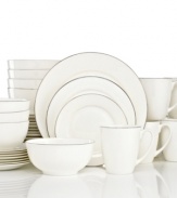 The epitome of timeless grace, Gorham's Breckenridge dinnerware set combines timeless silhouettes, white china and sumptuous platinum. Place settings for eight complement any setting for effortless polish.