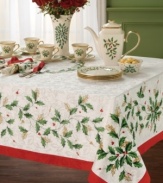 Start a new Christmas tradition with this round tablecloth from Lenox. A lavish holly motif embellished with gold leaves and bright red trim captivates everyone around your table. Use with Holiday dinnerware to create an exceptionally festive setting.