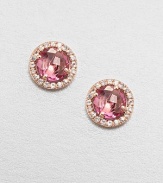 Faceted round pink topaz stones surrounded by dazzling white sapphires set in 14k rose gold. Pink topazWhite sapphire14k rose goldSize, about .3 Post backMade in USA