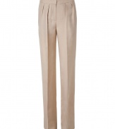 Luxurious ivory pants in raw silk - slim, straight cut with trendy waistband and pleats - elegant, respectable look for grown-up, successful women - worn best for business or classy invitations like dinners, art exhibit prevews and premieres - put with slim tops you can tuck in - a MUST: high heels - wear with a blazer or trench coat