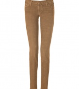 Stylish skinny pant in cashew stretch corduroy from cult label Current Elliott - Fine wale - Ultra-slim, feminine fit - -Low rise hits at hip- Five pocket detail, wide belt loops - A sexy, flattering wardrobe staple - Pair with blazers, long cardigans and cashmere pullovers