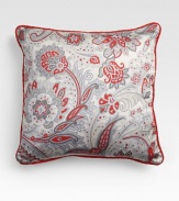 From the Marburg Collection. A graceful floral paisley in a sophisticated palette of grey and red on cotton satin with a subtle sheen, richly edged in twisted braid.Lustrous satin18 X 18Cotton; polyfillMachine washMade in Italy