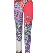 With a bold colorblock and characteristic paisley print, Etros ankle trousers are both eye-catching and iconic - Side and black slit pockets, button closure, zip fly, allover textural horizontal rib - Fitted, ankle-length - Wear with a bright top and sleek black accessories