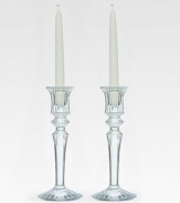 Finely crafted candlesticks in pure lead crystal with subtle texture and splendid clarity. From the Mille Nuits Collection Set of 2 Fits standard taper candle Candle not included 7½ high Hand wash Made in France