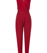 A contemporary-chic choice guaranteed to make an impact, Rachel Zoes rich red jumpsuit radiates modern glamour - Shawl lapel, sleeveless, button closure at waist, elasticized waistband, side slit pockets, pleated front, tapered legs, belted waistline, sheer back - Softly tailored fit - Wear with a fur coat and heels