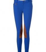 Take on Ralph Laurens iconic preppy look in these bright blue stretch twill jodhpur-style trousers - Slash side pockets, zip fly, button closure, belt loops, brown suede patches horseshoe charm on belt loop, snapped cuffs - Form-fitting, ankle length - Wear with a button-down, blazer and flats