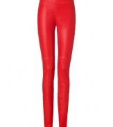 Elevate cool daytime looks with Josephs radiant red stretch lambskin leggings - Elasticized waistband, pulls on - Extra form-fitting - Wear with an oversized silk shirt and sleek suede booties