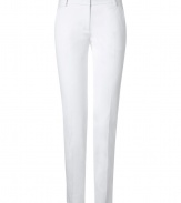 With a streamlined look in pristine white cotton stretch, Emilio Puccis tailored jersey trousers are as flattering as they are chic - Side and buttoned back slit pockets, zip fly, hidden closure, belt loops - Tailored fit, slim straight leg - Wear with bright printed tops sleek leather accessories