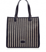 Stylish bag made ​.​.of fine, navy blue and white striped synthetic fiber - Translucent straw-look is relaxed but sophisticated - Fashionable tote shape is spacious, trendy and deceptively roomy - Features two short, leather carrying handles - Perfect bag for everyday errands, business or study