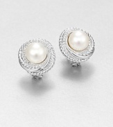 From the Pearl Crossover Collection. Lustrous pearls framed by iconic, sterling silver cables accented in brilliant diamonds. 10mm round white cultured freshwater pearlsDiamonds, .24 tcwSterling silverSize, about 1Post backImported 