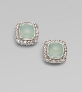 From the Petite Albion Collection. An exquisite design with dazzling pavé diamonds surrounding an aqua chalcedony stone set in sterling silver. Aqua chalcedonyDiamonds, .4 tcwSterling silverSize, about ¼Post backImported 