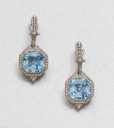 From the Estate Collection. Beautifully faceted blue topaz stones set in intricately designed, sterling silver accented with dazzling white sapphires. Blue topazWhite sapphiresSterling silverDrop, about 1.1Post backImported