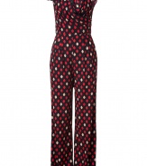 Playful and punchy with an eye-catching print, Catherine Malandrinos stretch silk jumpsuit lends a fun, contemporary twist to your look - Draped V-neckline, cap sleeves, draped wrapped bodice, self-tie back sash, hidden back zip - Fitted bodice, wide-leg pants - Wear with platforms, a blazer, and carryall tote to work