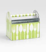 Cutlery finds a perfect container for storage and displaying. Carry the galvanized metal tote-along outside for an al fresco meal, or place it at the end of a casual buffet. Compartmentalized interior 8½W X 7H X 5D Made in USA Please note: Each tote-along is made to order, so please allow 3-4 weeks for delivery. 