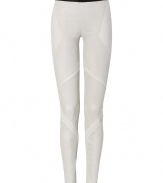 Inject patchworked purity into your modern-minimalist look with this seasons most coveted must-have: Helmut Langs stretch leather leggings - Black elasticized waistline, modern patchworked seaming, faux back pockets, form-fitting through the knee - Pair with cool chunky knits and statement ankle boots