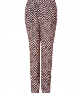 Printed pants are a fashion-favorite must, and By Malene Birgers optical zig-zag pair are an ultra cool choice - Pleated front, side and back slit pockets, elasticized waistline - Easy tapered fit - Team with silk tees and chic ballerinas