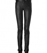 Rock n roll-inspired style goes ultra-luxe in these leather biker pants from British heritage brand Belstaff - Snap tab front, exposed zip fly, back zip welt pockets, stitch-detailed side panels at thigh, seaming at knee, belted hems with zip detailing - Straight leg, slim fit - Wear with an asymmetrical hem blouse or a simple long sleeve tee and platform pumps