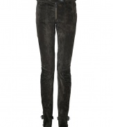 The classic biker pants get a high-style makeover with this unbelievably luxe pair from British heritage brand Belstaff - Snap front and detailed waistband, exposed zip fly, back welt pockets with zip, slim leg, seaming details, zip cuffs with belt detail - Style with a fitted top, platform booties, and a signature leather purse