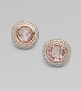 From the Albion Cerise Collection. A beautifully feminine style with a faceted morganite stone set in 18k rose gold, surrounded in two rows of sparkling diamonds. MorganiteDiamonds, .72 tcw18k rose goldSize, about ¼Post backImported 