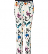 Stylish pants in fine cream-colored silk, featuring an eye-catching multicolored floral wallpaper print - Side and back slit pockets, hidden hook and button closure, pleated front, black waistband, belt loops - Relaxed, tapered cut - The perfect choice for day and evening - style with a solid blouse, leather jacket and platform pumps