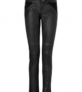 Detailed with stretch paneling for a fantastic fit, Vanessa Bruno Ath?s lambskin pants are a contemporary-cool take on one of this seasons favorite trends - Zippered front slit pockets, back patch pockets, zip fly, button closure, belt looks, outside ankle zips - Form-fitting - Team with chunky knits and heels, or try with blazers and carryall totes for work