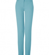 Inject effortless style into your workweek chic with these light blue wool pants from Matthew Williamson - Flat front, belt loops, off-seam pockets, straight leg with creasing - Slim fit - Wear with a printed silk blouse, a slim blazer, and platform pumps