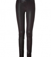 With a jeans-inspired silhouette, these ultra-luxe leather pants from J Brand will add an instant upgrade to your new-season look - Elasticized waistline, faux side and back slit pockets, zip fly, hidden hook and button closures, belt loops - Slim fit - Pair with an oversized blouse, a chunky knit cardigan, and ankle boots