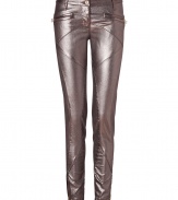 Channel your inner biker babe in these curve-hugging antique gold coated pants from Faith Connexion - Zippered front and back slit pockets, biker-style seaming, button closure, belt loops, zippered ankles - Slim fit, ankle length - Pair with an asymmetrical hem blouse, sky-high platforms, and a statement satchel