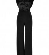 Daring and dramatic with glamorous shimmering crystal embellishment at the waist, Jenny Packhams jet black silk jumpsuit guarantees to give your evening look an ultra contemporary feel - Deep V-neckline, sleeveless, pleated satin paneling on bodice, hidden back zip - Softly tailored fit, wide-legged - Wear with statement heels and a finish of sparkly fine jewelry