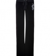 Work an edge of rock n roll attitude into your outfit with Juicy Coutures embellished logo pants - Drawstring waistline, straight leg, sits low on the hips - Style with a tee and cozy pullover, or for a sportier look, with a matching hoodie and flats