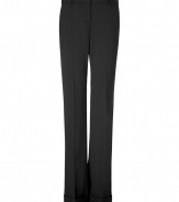 Update your office-ready staples with these flattering flared trousers from Theory - Flat front, belt loops, off-seam pockets, back welt pockets with buttons, flared legs with crease - Wear with a fitted blazer and a tie-neck blouse