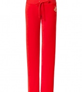 Off-duty looks get an effortless luxe edge with Juicy Coutures logo embroidered velour lounge pants - Drawstring waistline, straight leg, sits low on the hips - Style with a tee and cozy pullover, or for a sportier look, with a matching hoodie and flats