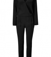 Take a modern stance on after-hours elegance with Jay AhrS jet black jumpsuit, detailed with sleek silk trim for an ultra glamorous finish - Spread stand-up collar, wrapped V-neckline, long sleeves, wrapped top, pleated trousers, loosely tailored fit - Pair with platform pumps and a shimmering metallic clutch