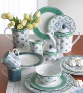 Create your own look by mixing and matching Switch 3's four distinctive patterns. The dinner plates are crafted in dishwasher-safe white porcelain with varied blue and green motifs.