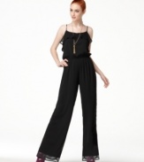 In a sheer chiffon fabric, channel the glam '70s in this Bar III wide-leg jumpsuit for standout soiree style!