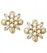 Springtime sparkle. These luminous stud earrings feature round and baguette-cut diamonds (1/4 ct. t.w.) in the shape of flowers. Set in 14k gold. Approximate diameter: 2/5 inch.