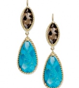 Adorn yourself with playful shapes and brilliant color. These pretty drop earrings highlight pear-cut turquoise (14 ct. t.w.) and marquise-cut smokey topaz (5-1/2 ct. t.w.) in 14k gold. Approximate drop: 1-3/4 inches.