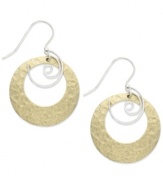 The perfect shimmering mix. Jody Coyote's pretty drop earrings features open-cut circles of gold-colored bronze patina, set in sterling silver with a swirling silver accent. Approximate drop: 1-1/2 inches.