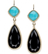 Adorn yourself with playful shapes and brilliant color. These pretty drop earrings highlight pear-cut onyx (14 ct. t.w.) and cushion-cut turquoise (4 ct. t.w.) in 14k gold. Approximate drop: 1-3/4 inches.