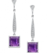 An elegant accent piece in your favorite hue. These stunning long drop earrings feature square-cut amethyst (6-3/4 ct. t.w.) and a row of round-cut diamonds (1/6 ct. t.w.). Set in sterling silver. Approximate drop: 1-1/4 inches.