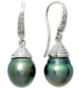 Richly colored and precisely detailed, these cultured Tahitian pearl earrings (10-11 mm) add an element of elegance and sophistication to any look. Set in sterling silver. Approximate drop: 1 inch.