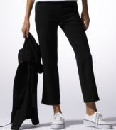 Look fashionable even on-the-go! It's easy in this comfortably chic cropped spa pant. Small logo detail at right hip. On-seam pockets. Inside drawstring at elastic waistband. Approximate inseam: 26 inches.