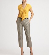 Sleek and cropped, this design features convenient front and back pockets, a chic skinny belt, a hint of sheen for an elegant look and stretch for a phenomenal fit.Hook-and-eye closureZip flyBelt loopsSkinny belt includedSlash pocketsWelt back pocketsFully linedInseam, about 2760% virgin wool/37% viscose/3% elastaneDry cleanImported Model shown is 5'10 (177cm) wearing US size 4. 