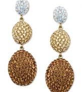 Sparkling sophistication. Three bubbly drops adorned with round-cut gold, white and brown crystals with Swarovski Elements create a playful look on Kaleidoscope's 18k gold over sterling silver earrings. Approximate drop: 1-3/4 inches.