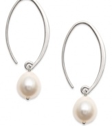 Elevate your style with smooth swoops. These unique hoop earrings highlight cultured freshwater pearls at the ends (8-10 mm). Set in sterling silver. Approximate drop: 1-1/2 inches.