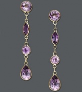 For a look fit for a queen -- try some regal hues! Round, pear, and marquise-cut amethyst gemstones (2-7/8 ct. t.w.) add royal shine in a 14k gold setting. Approximate drop: 2 inches.