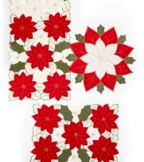 Delightfully festive Homewear Puffy Poinsettia collection rectangular placemats feature three-dimensional embroidery that make the classic poinsettia shapes come alive. Plus, the decorative gold stitching makes the holiday-bright reds and greens really pop, making your holiday table all the more bright. (Clearance)